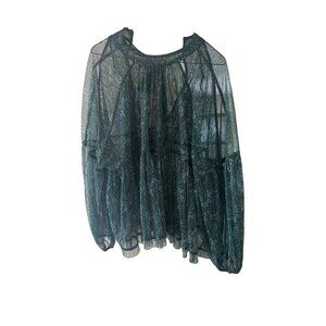 Free People Sheer Floral Blouse SP Green Long Sleeve Back Tie Oversized Boho